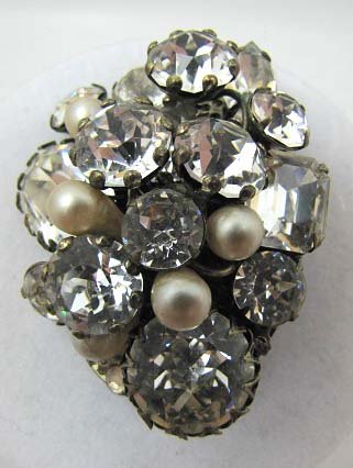 Vtg. Hattie Carnegie Stacked Rhinestone Brooch/ Pendant: 2" x 1 1/2" x 7/8"- Lg. Faceted Rhinestone W Teardrop Pearls