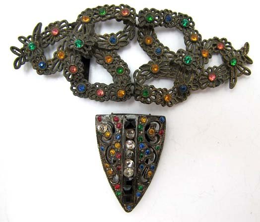 Vict. Multi Colored Glass Stone Buckle & Dress Pin: 4" x 1 1/2" Gun Metal Colored Stone Imbedded Buckle