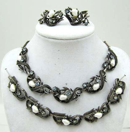 Book Piece! - Coro Necklace, Bracelet, & Earrings: Pictured on Pg. 67 of Coro Jewelry Collectors Guide by; Marcia Brown- Neck-17 1/4" x 7/8" Brac- 6 3/4" x 5/8" Ear- 1 1/4" x 1"