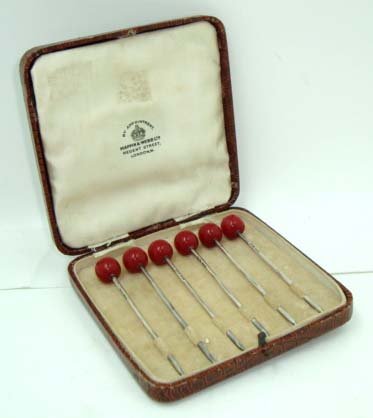 6 Sterling Cocktail Picks in Case: Mappin & Webb, 3 1/4"