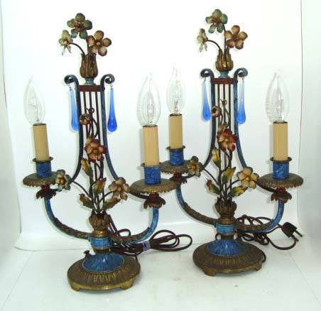 Fine Pr 1920s Ornate Pait Decorated Brass Candle: 17"T x 10 1/2"W. Electric