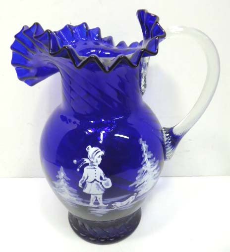 Mary Gregory Style Pitcher: 10" T W/ Applied Handle