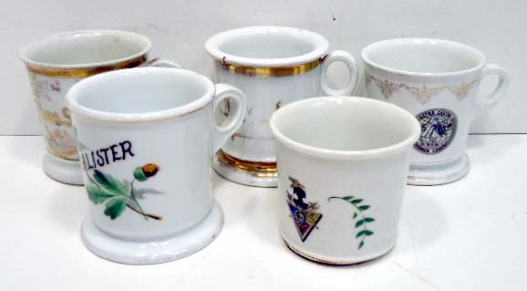 5 Barber Shop Shaving Mugs: 3 1/4" to 4"