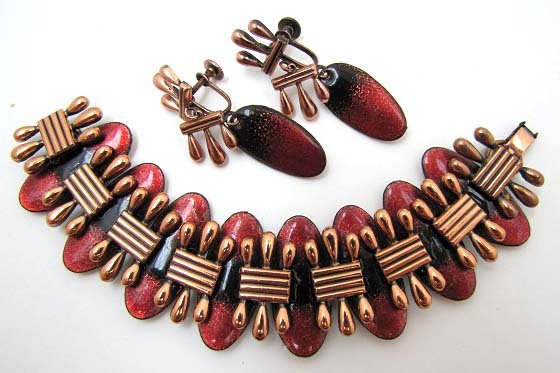 Vtg Matisse Enameled Copper Bracelet 2pc Set: 7" Red Enameled Copper Bracelet w/ 1 3/4" Matching Earrings. Signed Matisse