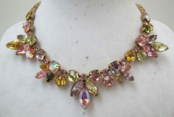 Beautiful Pastel Weiss Chaton/Navette Choker: 16" Pastel Pink, Green, Lavendar, Gold Chaton & Navette Choker. All Prong Set, Some w/ AB Finish. Signed Weiss