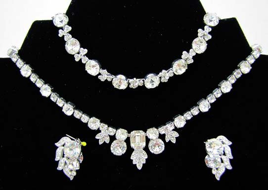 3pc. EISENBERG ICE Rhinestone Jewelry: Inc. 13" Choker w/ 3 1/2" ext. Signed EISENBERG ICE, 7" Bracelet Signed EISENBERG ICE US Pat Pend. w/ Safety Chain. Unusual Clasp & 7/8" Earrings Signed w/ script E