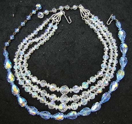 2 Vtg. AB Crystal Bead Choker's. Blue - Clear: 14" - 3 Strand Clear AB Faceted Crystal Bead Choker w/ 2 1/2 ext. & 12" AB Blue Teardrop Faceted Crystal Bead Choker w/ 2 1/2" ext. , 15mm Bead's