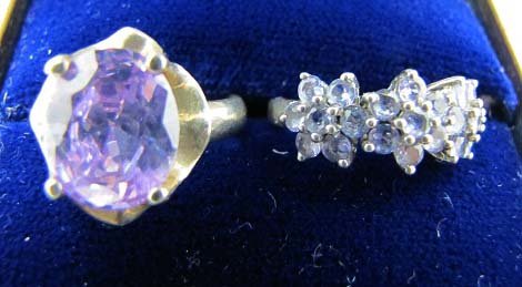 2 Vtg. Lavendar Ice Sterling Rings: Size 7 Lavender Ice Solitaire Ring Mrkd Mexico Sterling & Size 5 1/4 Lavender Glass Flower Ring. Mrkd 925