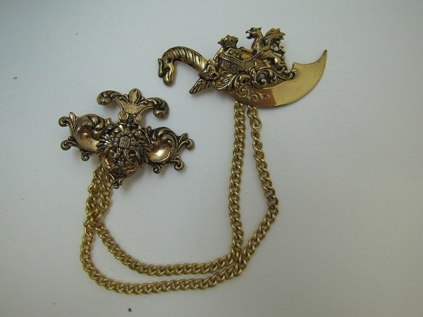Vtg. Brass Chatelaine Dragon Pins: 2" & 3" Antiqued Brass Chatelaine Duo Pins w/ dbl link chain.