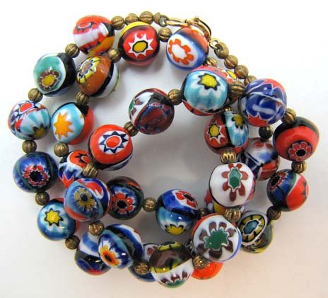 Vtg. Millefiori Bead 16" Choker: 9mm Millefiori Bead Choker w/ Textured Brass Bead Spacer Bead's.