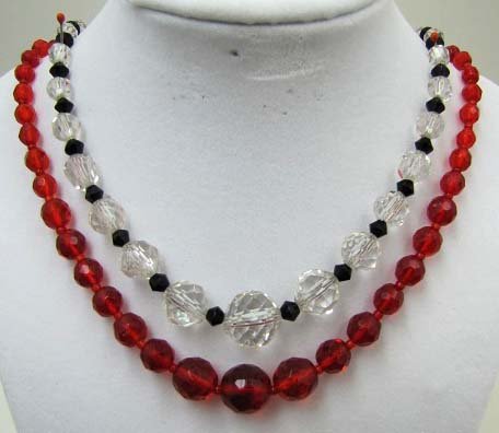 2 Vtg Faceted Glass Bead Necklace's. Red/Black: 17" Clear Crystal Faceted Bead & Black Cone Bead Graduated Choker & 17 1/2" Red Faceted Graduated Bead Choker. 5mm-13mm