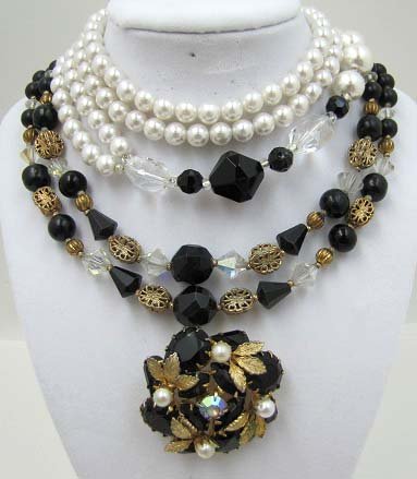 3 Pc. Vtg Faux Pearl, Black Lucite, Brass Jew.: Inc. 14" - 2 Strand Choker w/ Brass Filigree Bead's, Glass AB Cone Bead's & Black Lucite Bead's. 2" Brooch w/ Same Bead's. 24" Faux Pearl, Black Lucite Bead Necklace