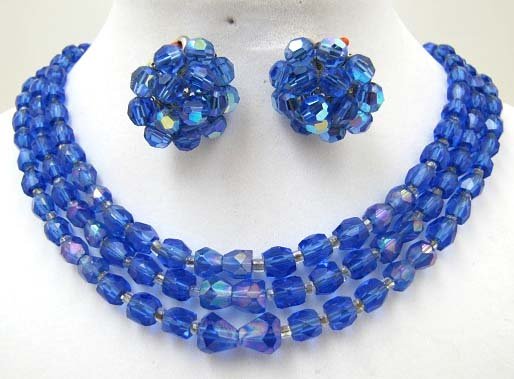 Vtg 3 Strand Cobalt Bead Choker w/VOGUE Ear.: 12 1/2" - 3 Strand Cobalt, Faceted Glass Bead Choker, Signed Japan w/ AB Blue Glass Bead Cluster Earrings by VOGUE