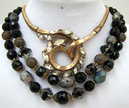 2 Vtg. TRIFARI Beaded/Rhinestone Chokers: 14 1/2" - 2 Strand Faceted Black Glass, Iridescent Textured, Art Glass Bead Choker. & 14" Slinky, Copper Wash Choker w/ 1 1/2" Rhinestone Navette Pendant. Marked Crown Trifari Pat Pend