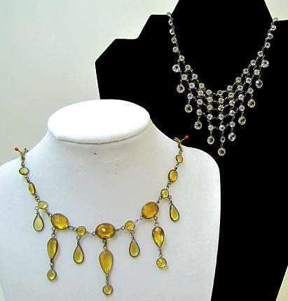 2 Vintage Festoon Necklace's: Inc. 16 1/2" Bezel Set Honey Gold Faceted Glass Stone Festoon Necklace & 15" Clear Prong Set Rhinestone Festoon Choker.