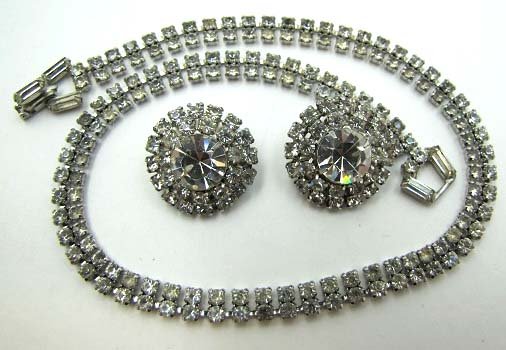 Vtg WEISS Clear Rhinestone Choker, Earrings: Inc. 14" Cear Prong Set Choker w/ Baguette Clasp & 7/8" Clear Chaton Earrings. All mrkd. WEISS