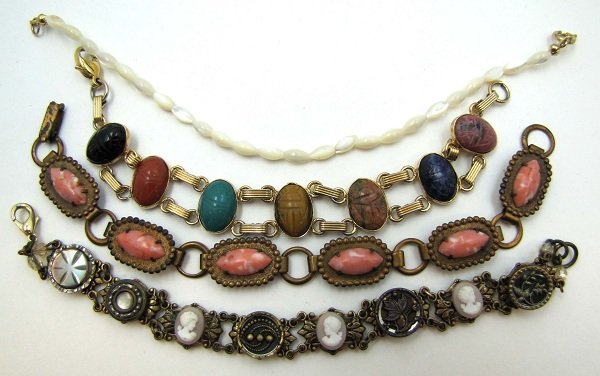 4 Vtg Vict.Button, Scarab,Lucite, MOP Bracelets: Inc. 7 1/2" MOP Bead Bracelet, 7 1/2" Copper &Lucite Cabochan Bracelet, 7" Carved Glass Multi-Colored Scarab Bracelet & 7 1/2" Victorian Button/ Lucite Cameo Bracelet.