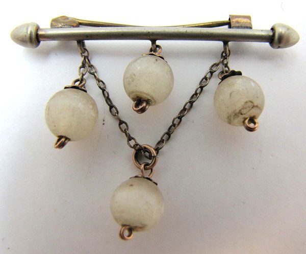 Antique Moonstone Drop Bar Pin: 1 7/8" Silver Bar Pin w/ 4 Moonstone Bead Drops. Unusual.