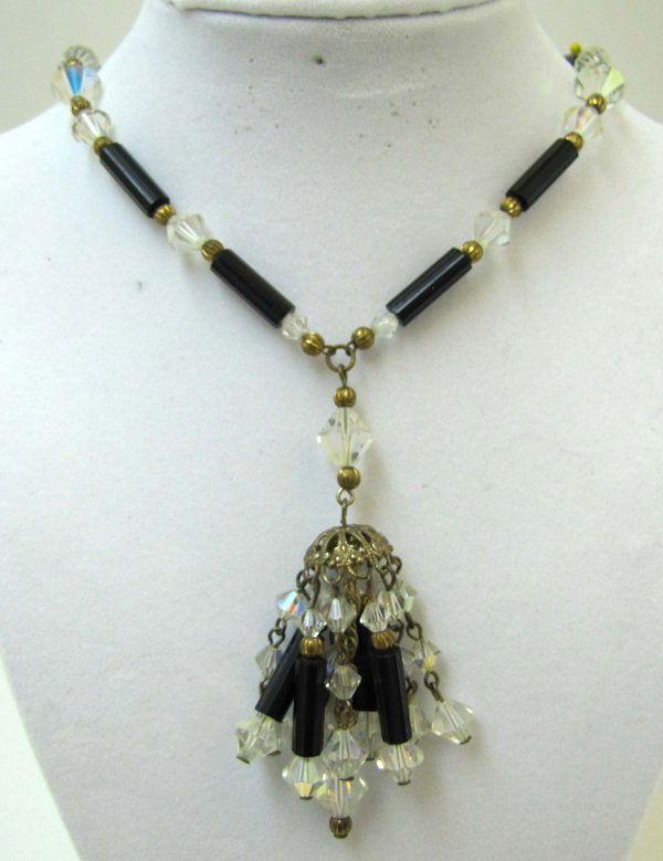 Vtg AB Glass Cone Bead & Lucite Bead Necklace: 24" AB Cone Bead & Black Luctie Bugle Bead Necklace w/ 3 1/2" Tassle.