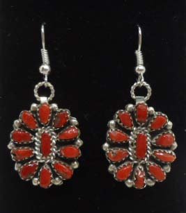 Pr. Navajo Rev. Earrings: 1 3/4" x 3/4" 10 gram. Sterling, Turq. & Coral- By Ben James