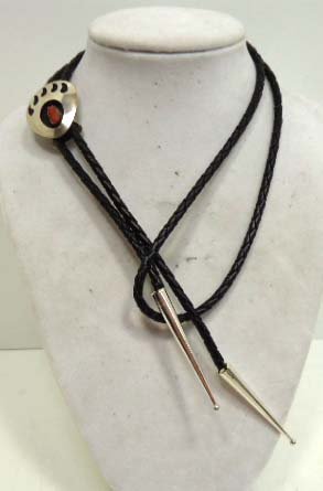 Navajo Sterling/Coral Bear Paw Bolo: Slide- 1 1/4" x 1 1/8" By Virginia John
