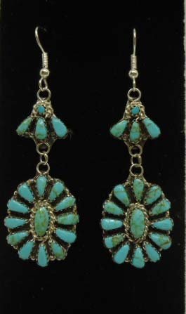 Navajo Sterling/Turq. Earrings: 2 1/2" x 3/4" By Leslie Nez