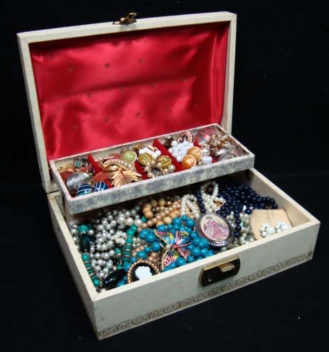 Jewelry Box of Vtg. Jew.: Jewelry Box Full of Vintage Jewelry. Beaded Necklaces, Earrings, Brooches, Pendants and Bracelets.