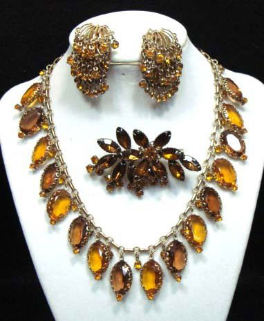Topaz Amber Faceted Glass 3pc Vtg. Jewelry: Inc. 16" Open Back 18mm Faceted Glass Drops w/ Prong Set Chatons on Cot. Link Chain, 2 3/4" Topaz Navette & Amber Glass Chaton Brooch, 1 1/2" Amber Chaton Dangle Earrings. Not a set but nice together,