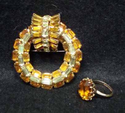 Vtg. Kramer Amber Glass Brooch & 10k GF Ring: 2 1/4" x 2" Gorgeous Faceted Hone amber & Pale Gold Baguette & Emerald Cut Stones Brooch Singed Kramer of New York, Sixe 5 10k GF Ring w/ 15mm Multi Faceted Honey Amber Glass Stone Beautiful W/ Brooch