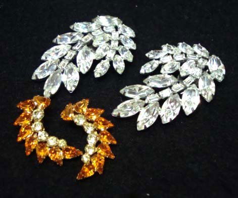 Vtg. B. David Stylized Leaf Rhinestone Earrings: 2 1/8" Clear Navette & Baguette Rhinestone Earrings, 1 1/4" Honey Amber & Clear Rhinestone Earring Both Signed. All Prong Set