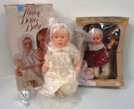 2 Dolls Orig. Box: 1977 Million Dollar Baby & 1976 Uneeda Baby First Born. 16 1/2"T & 18 1/2"T Boxes