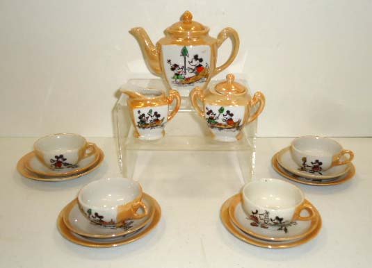 1930's Mickey Mouse Tea Set: 15pc Lusterware Childs Tea Set 3 3/4"T Tea Pot