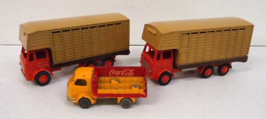 3 Die Cast Trucks: 2 Leyland Trucks & A Lesney Coca Cola Truck 2 1/2"L - 3 3/4"L