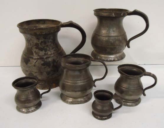 Early Set of 6 Pewter Measuring Cups: 1 3/4" T - 6" T - Qt. Pt. 1/2Pt, Gill, 1/2 Gill, 1/4 Gill