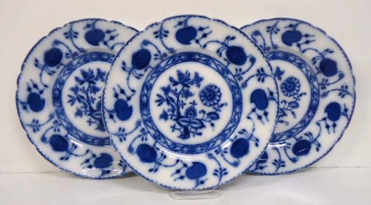 3 "Onion" Flow Blue Plates: 10"