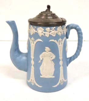 Early Jasperware Tea Pot: Pewter Lid 6 1/2"T