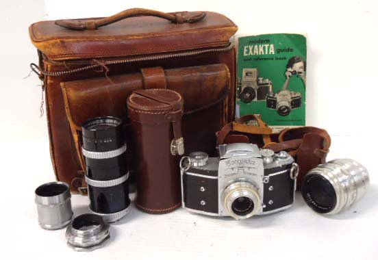 Exakta VX Camera & 3 Lenses: Exakta VX Camera & 3 Lenses. Zeiss 1:4.5 4cm, Zeiss 1:2.8 80mm, Angenieux 1:4.5 180mm Lenses.