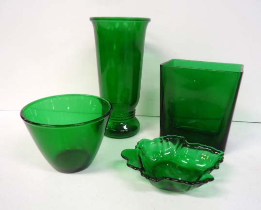 4pc Forest Green Items: 9 1/2" Vase, 6 1/4" Refrigerator Jar, 5 1/2" Mixing Bowl, and Maple Leaf Spoon Rest
