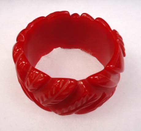 Heavy Carved Wide Red Bakelite Bangle: 2 1/2" X 1 5/8" Deeply Carved Cherry Red Bakelite Bangle Bracelet. Tested