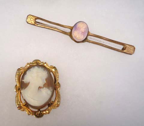 Victorian Purple Cameo's - Beautiful: 2 7/8" Victorian Bar Pin w/ 1/2" Purple Opalescent Cameo & 1 3/8" Abalone Shell Cameo in Ornate Pin/Pendant Frame.