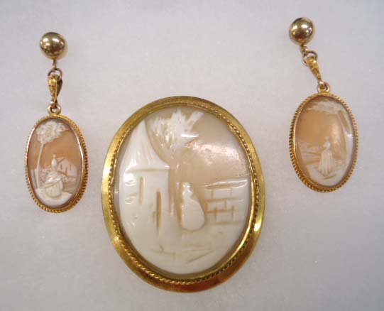 Victorian Cameo-14Kt Cameo Earrings: 1 6/8" X 1 1/2" Shell Cameo Victorian Brooch w/ C Catch & 1 6/8" Shell Cameo Earrings mrkd 14Kt on Post.