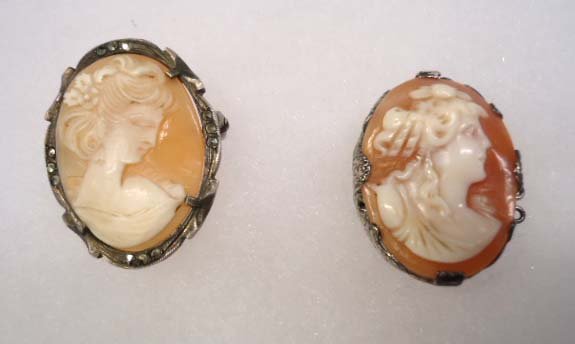 2 Victorian Cameo's: 1 1/8" Delicate 800 Silver Framed Shell Cameo Pin/Pendant and 1 1/16" Shell Cameo Bracelet or Necklace Clasp. Both Are Truly Beautiful