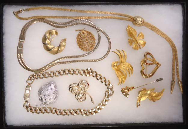 Vtg. Designer Jewelry 12 Pc. Lot: Inc. Coro Dbl. Chain Choker & 28" Mesh Slide Chain Necklace. Sperry 14" Hvy Chain Choker. Sarah Cov. Strawberry Flower Pin. Monet Stick Pin, 2 Trifari Goldtone Pins, Alan J, OFA, LG & AAI pc.'s as wel