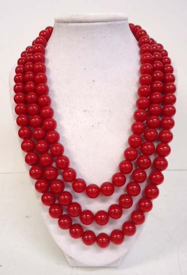MONET Vtg Cherry Red 3 Strand Necklace: 19" Cherry Red Lucite Bead 3 Strand Necklace w/ 2" ext. Sgnd Monet