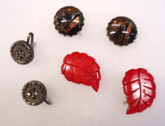 Butterfly Wing, Bakelite, Vict. Button Earrings: Inc. 1" Carved Leaf Cherry Red Bakelite Earrings, 3/4" Butterfly Wing Earrings & 1/2" Victorian Black Luster Button Earrings.