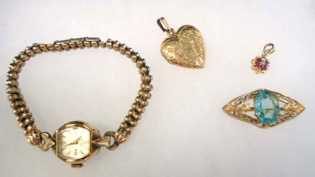 4 Pc. Vtg. Gruen Watch, Antique Pin, Pendant: 1 2/8" Gorgeous Gold Filigree Brooch w/ 15mm Aqua Faceted Stone, Un-marked. Gruen Watch mrkd. 10KTGF, 3/4" Heart Locket & Mini Faux Garnet Pendant mrkd 925.