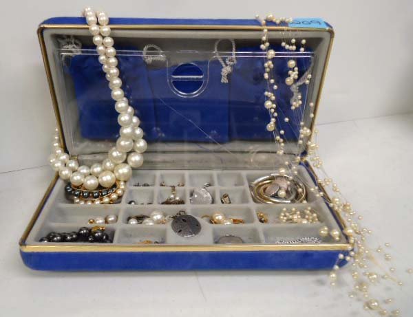 Velvet Jewelry Box of Faux Pearl/Sterling Jew.: Inc. 3 Sterling Charm's, 3pc Faux Grey Pearl Spinning Pin, 7" Bracelet & Earrings. 14" Graduated Pearl Bead Choker & 28" Multi-Strand Ethereal Faux Pearl Set.