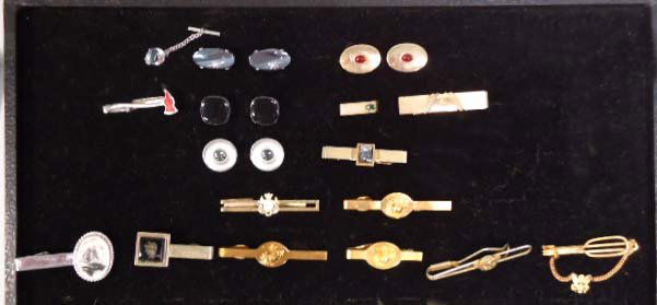 Vtg Anson, Straton, OEC Cufflinks,Tie Bar: Inc. 8pc Anson, Straton England Crest Tie Bar, OEC Military Tie Bar, 6 Additional Un-Signed Intaglio, Military & Faux Scrimshaw Tie Bar's. Nice Lot