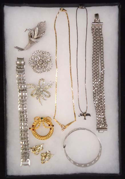 10pc. Vtg Signed & Un-Signed Misc. Jewelry: Inc. 8" Pegasus Coro Pat. Pend. Silvertone Bracelet. 3 1/4" Coro Leaf Brooch, Goldtone Coro Earrings. 2 Bracelet's, 3 Rhinestone Pin's & 2- 16" Necklaces