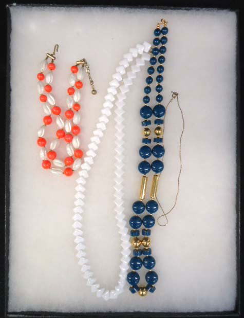 CROWN TRIFARI 4 Pc. Vtg. Jewelry: Inc. 28" White Geometric Necklace, 15" Goldtone Chain, 29" Blue & Gold Bead Necklace. 14" - 2 Strand Orange/ White Choker.